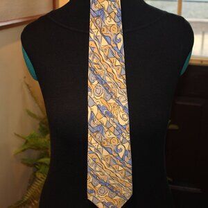 Geoffery Beene Gold-Blue-Yellow Abstract Diagonal Stripes Silk Tie Neckwear XL